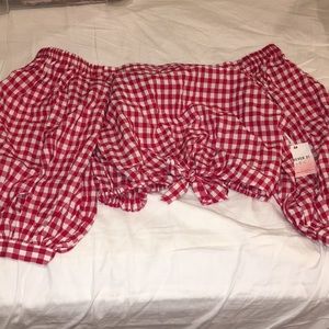 Cropped plaid off the shoulder shirt